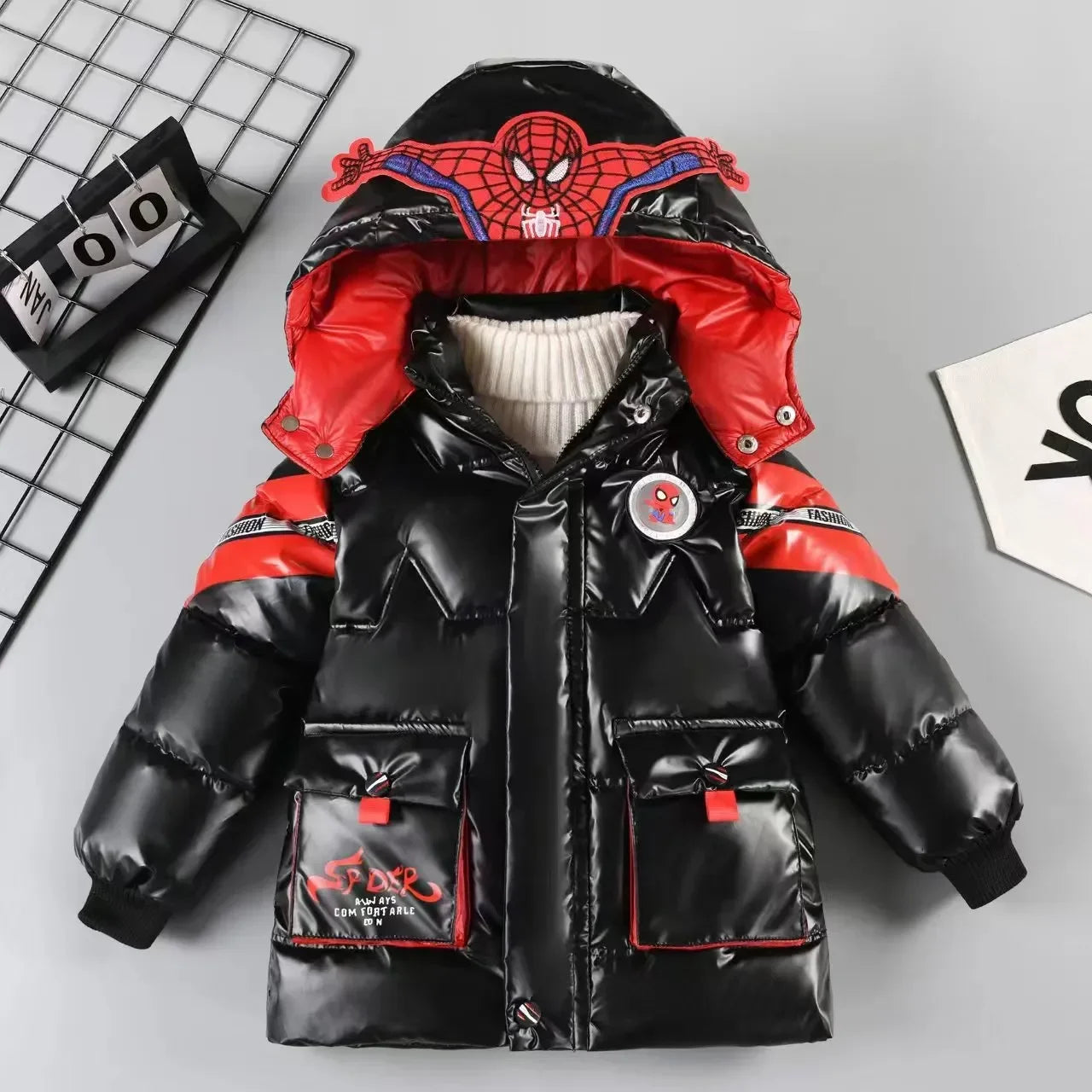 2025 Winter Kids Down Jacket Baby Boy Cartoon Spiderman Thicken Cotton-Padded Warm Hooded Parka Coat Children Clothing Outerwear