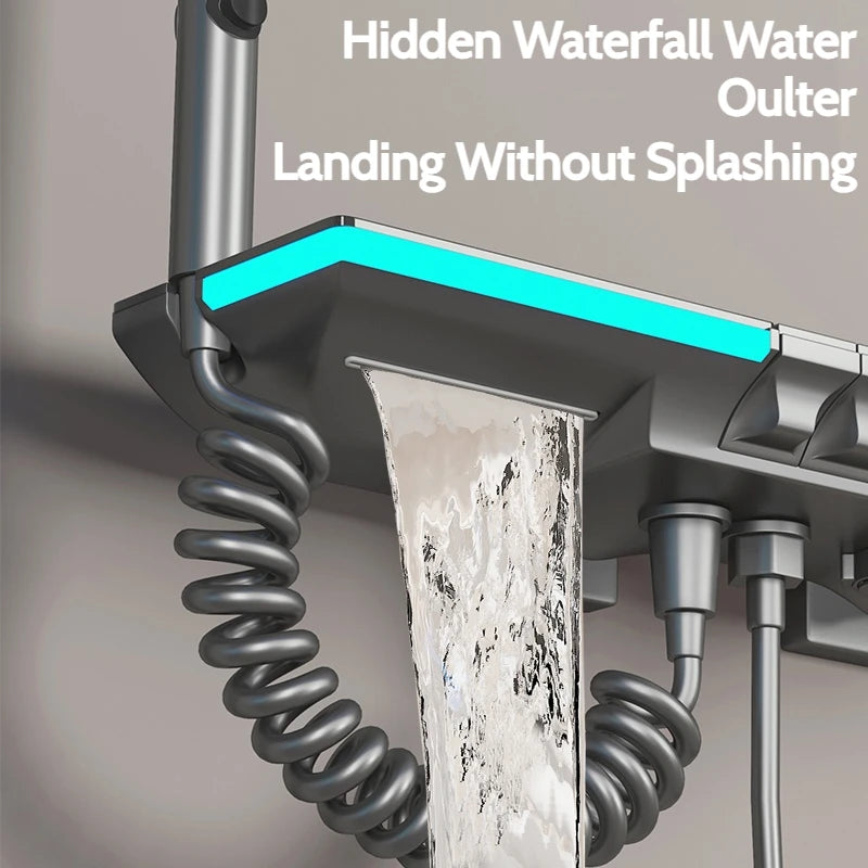 Grey Brass Waterfall Wall Mount Smart Temperature Digital Display Bathtub Faucet Bathroom Faucet Bath Shower Faucet Mixer Crane