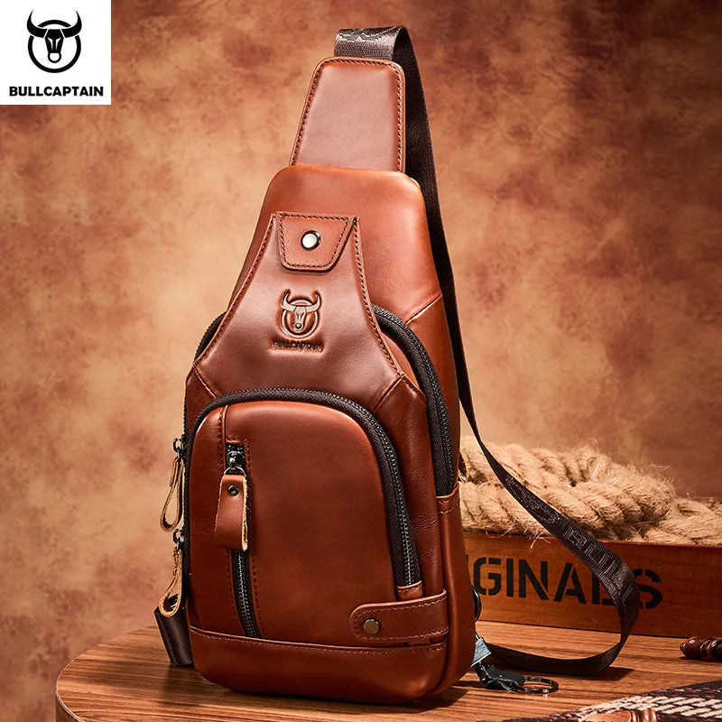 Bullcaptain Leather Large Capacity Chest Bag Men's Shoulder Bag with USB Port for Outdoor Casual Activities