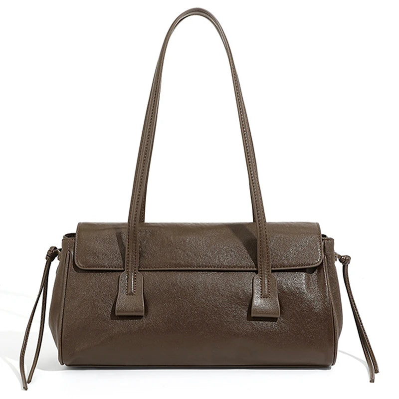 2025 New Genuine Leather Women's Shoulder Bag Large Capacity Cowhide Luxury Handbag Long Strip Black Baguette Bag Female