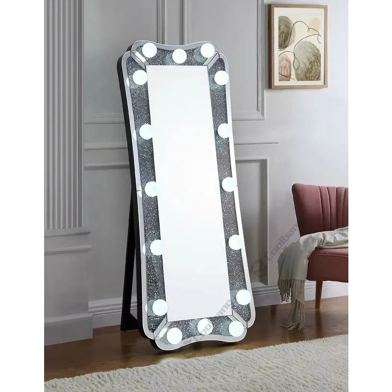 Hot Sale Crushed Diamond Hollywood Luxury Style Dressing Mirror LED Bulbs Floor Mirror
