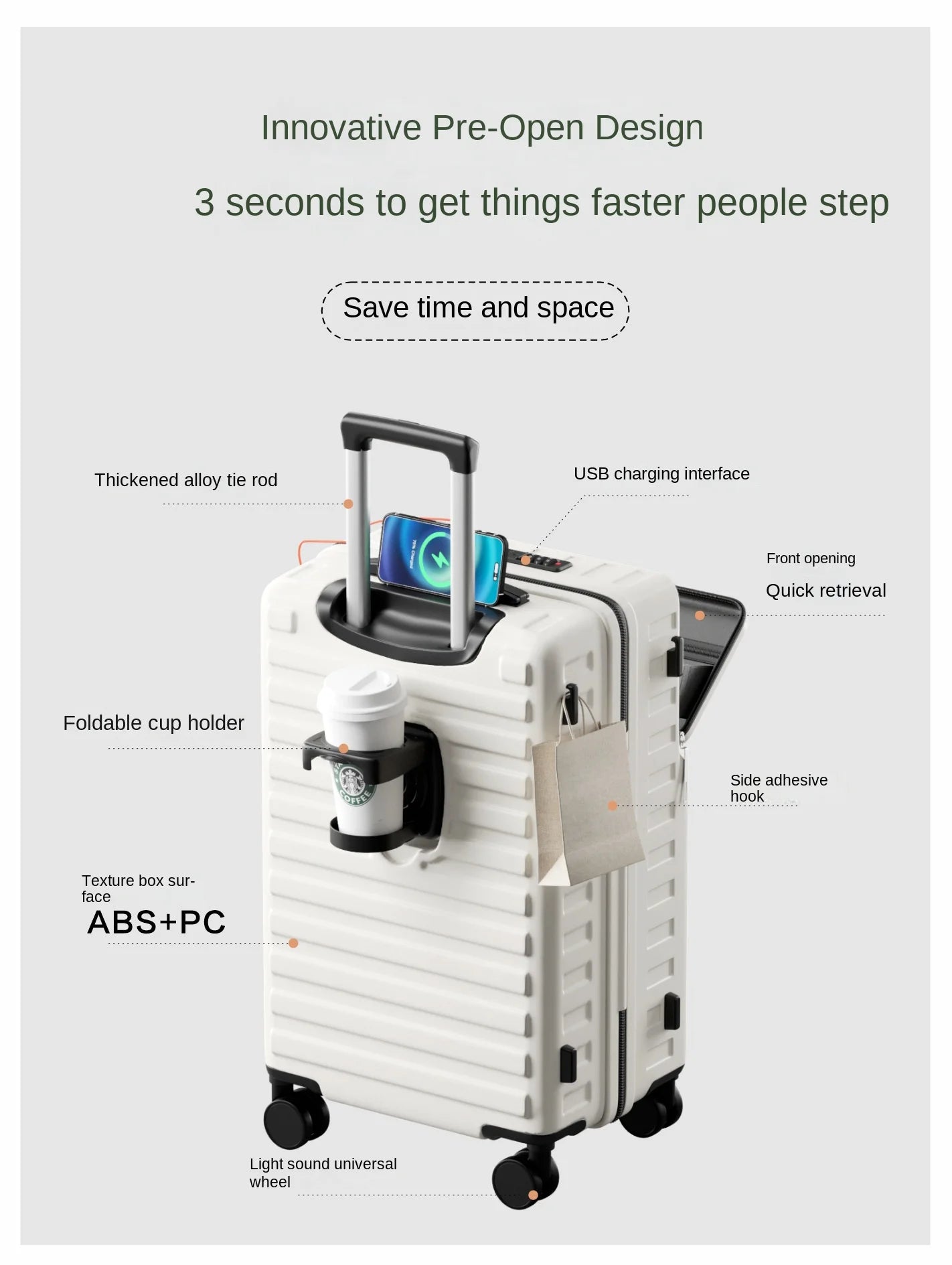 20"24"26 Inch Travel Suitcase Front Opening Luggage Laptop Boarding Case USB Charging Trolley Case with Wheels Carry on Luggage