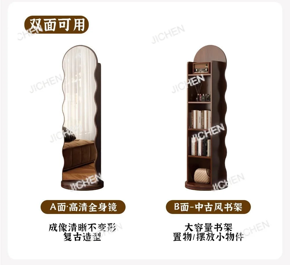 Wave rotating full-length mirror Vertical movable full-body floor mirror Magazine bookshelf Rotating storage fitting mirror