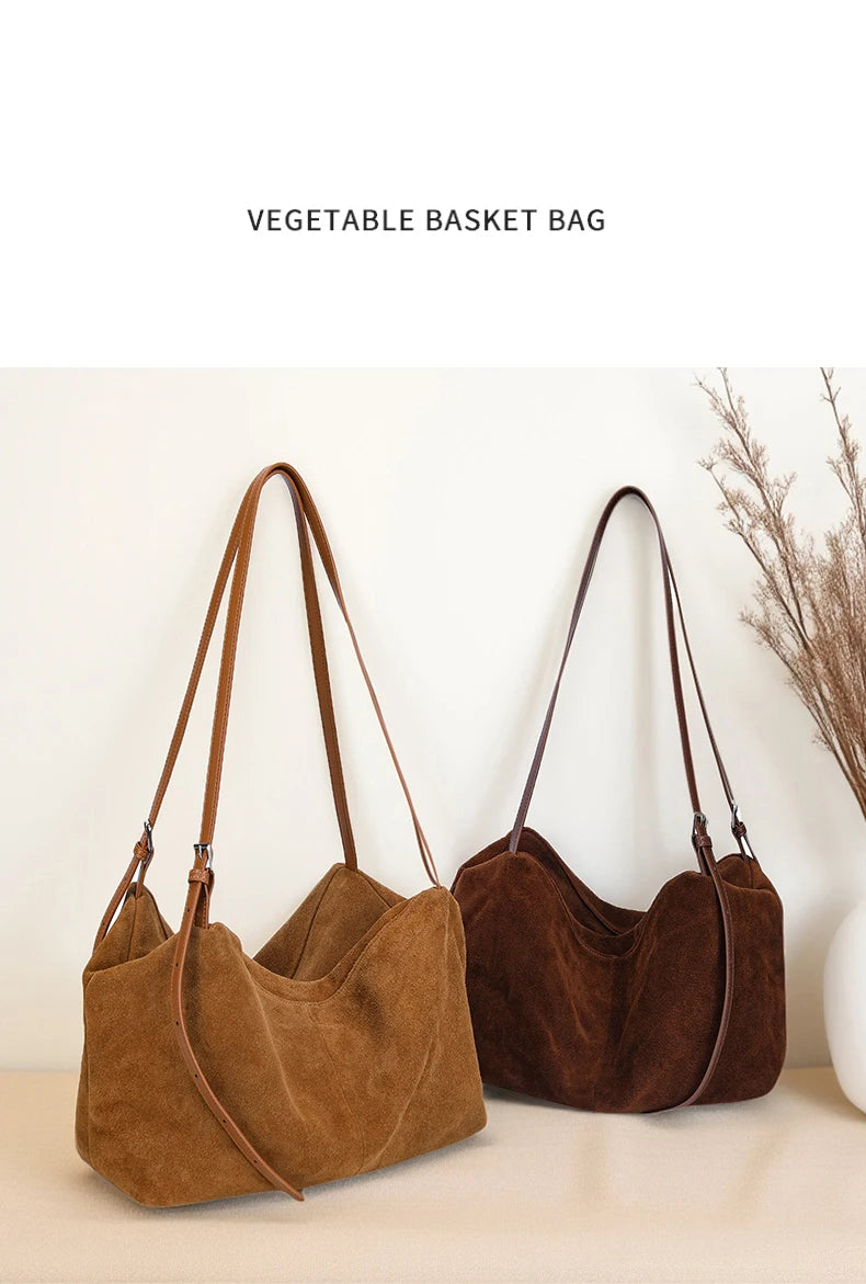 Women's Suede Cow Genuine Leather Shoulder Bags Ladies Soft Cowhide Crossbody Bag Female Design Luxury Lazy Commuting Handbag