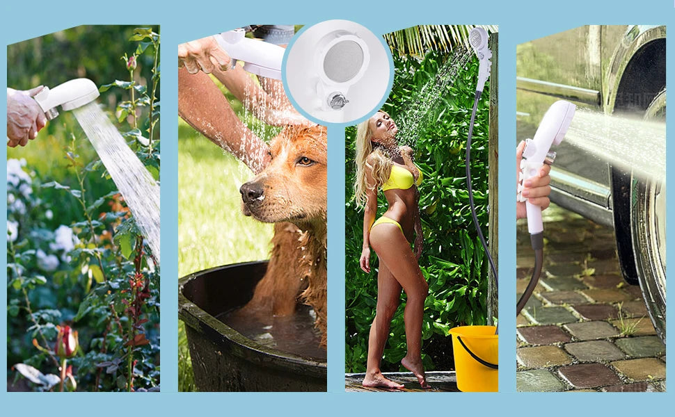 Portable camping shower unit. Portable outdoor camping shower unit. Equipped with 5200 mah battery.Shower duration: 80 minutes