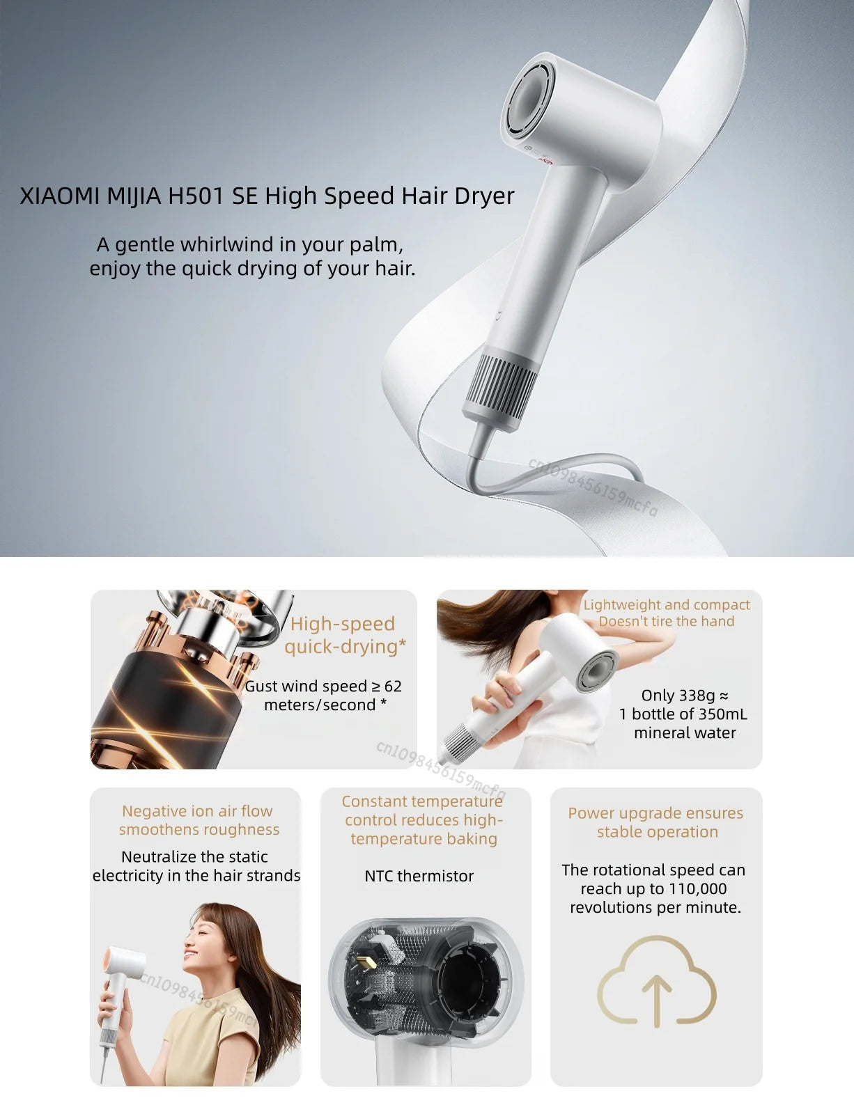 XIAOMI MIJIA H501 SE High Speed Hair Dryer 62m/s Wind Speed Negative Ion Hair Care 110,000 Rpm Professional Dry 220V CN Version