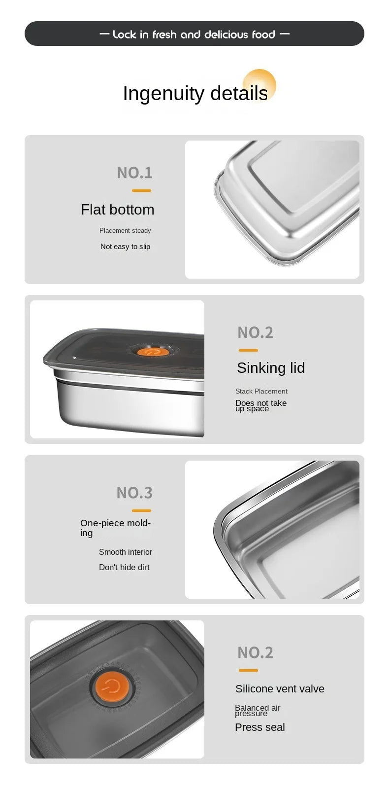 304 Stainless Steel Crisper, Lunch Box, Sealed Leak-proof Bento Box, Refrigerator Freezer Storage Box, Camping Lunch Box