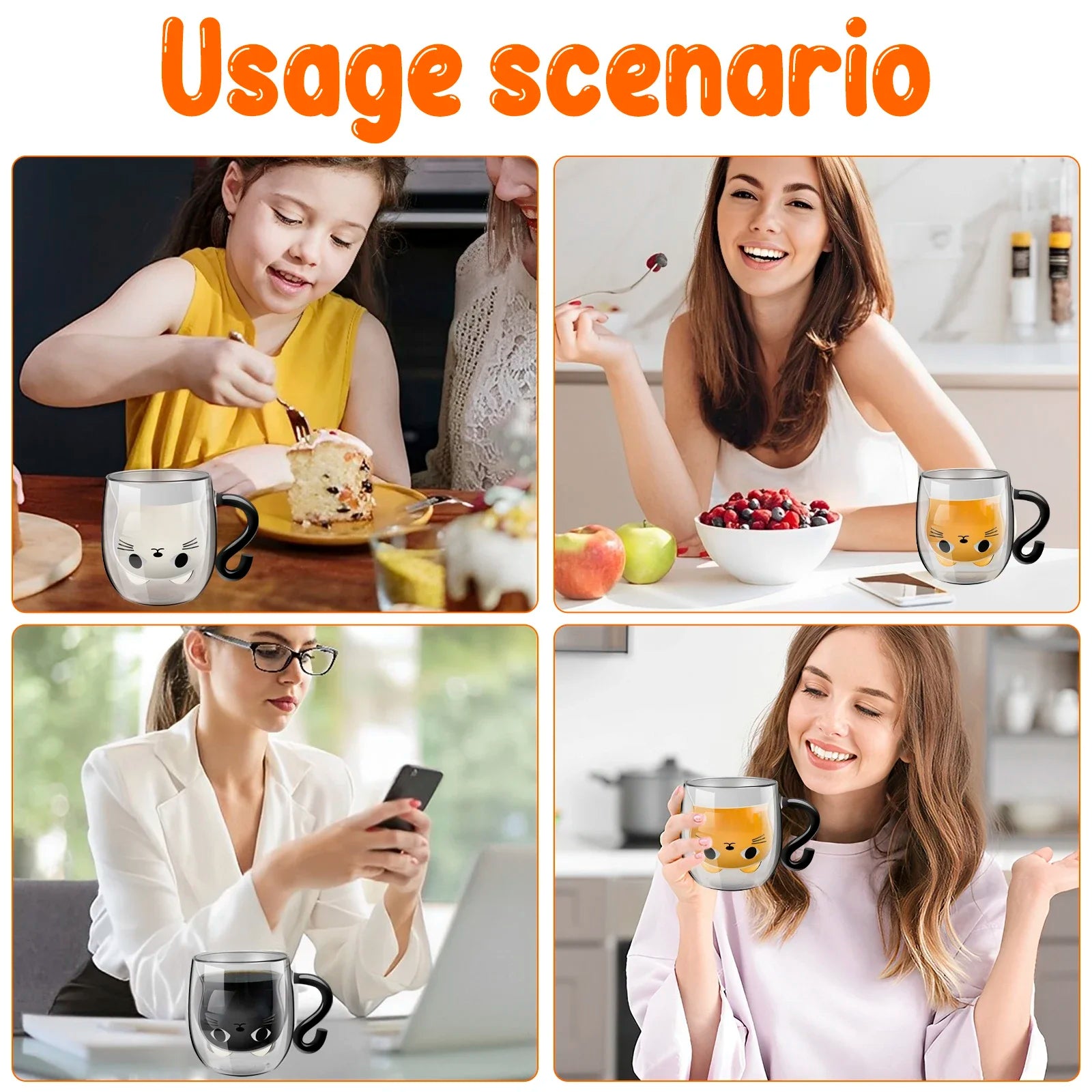 Creative Cute Cat Double-layer Coffee Mug Cartoon Couple Teacup Insulated Glass Mugs With Handle Household Office Drinkware