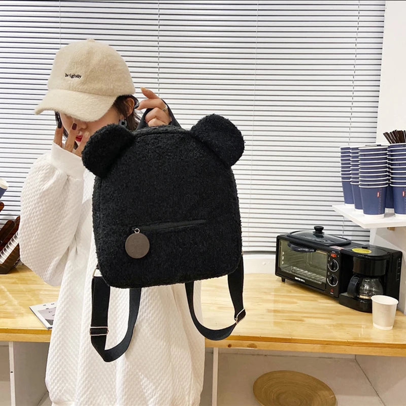 Cute Bear Ear Plush Backpack for Kids Adult Lamb Fleece Shoulder Bag High-capacity Korean Parent-Child Bags Boys Girls Backpacks