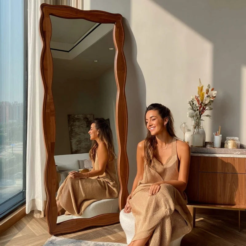 Vintage Style Solid Wood Tempered Mirror Full Length Floor Mirror for Home Living Room Bedroom Women's Dressing