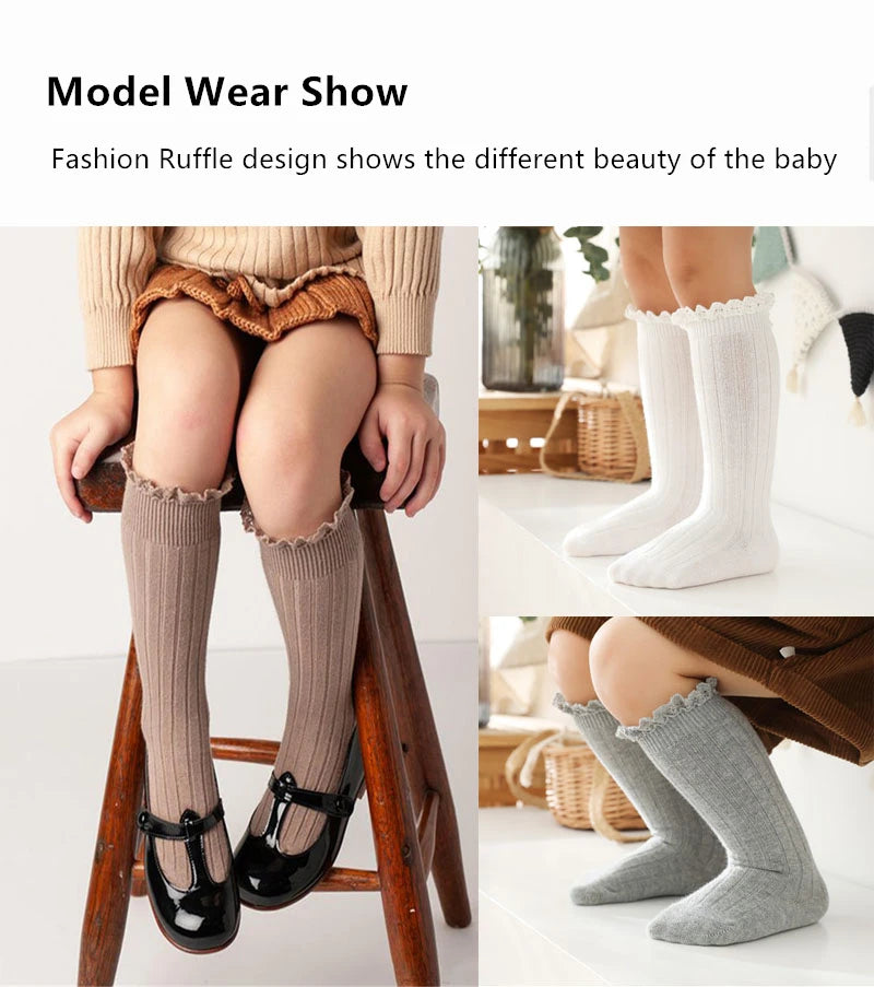 Girls Knee High Socks Baby Kids Toddlers Ruffle Long Soft Cotton Sock Lace Flower Children School Socks