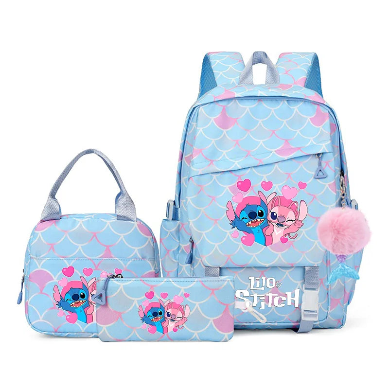 3Pcs Backpack Set Lilo Stitch Girl Kid Student Schoolbags Double Shoulder Bag Travel Pen Lunch Bag Kawaii Bookbag Laptop Bag Set
