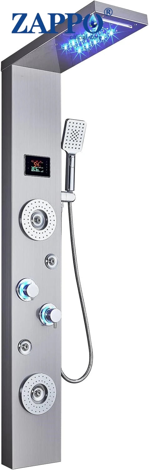 ZAPPO Rainfall Waterfall Massage System with Body Jets Bathroom Shower Panel Temperature Digital Display Shower Panel Shower Set