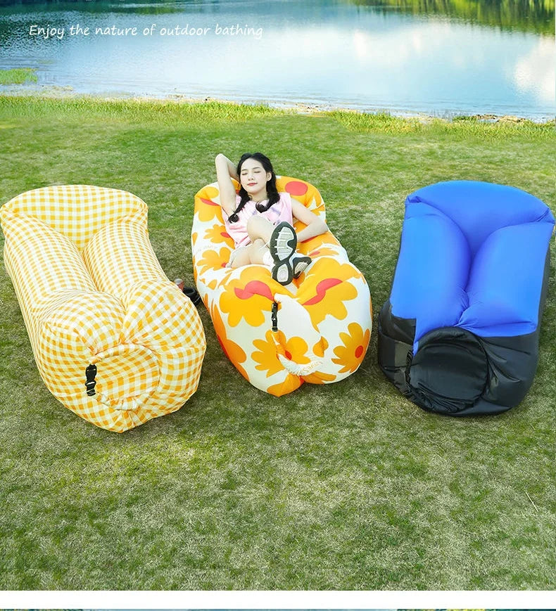 Outdoor Lazy Non Inflatable Sofa Folding Portable Air Cushion Bed Picnic Camping Yellow White Air Bed