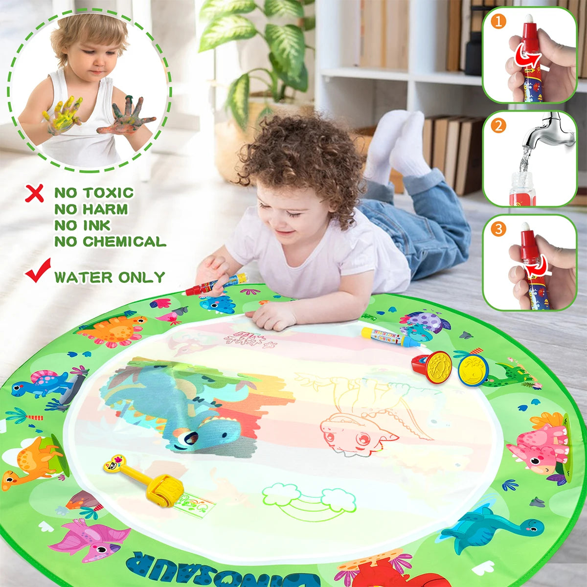 No Mess Kids Water Drawing Mat  Doodle Coloring Board with Magic Pens & Stamps Educational Montessori Toy Gift for Boys Girls