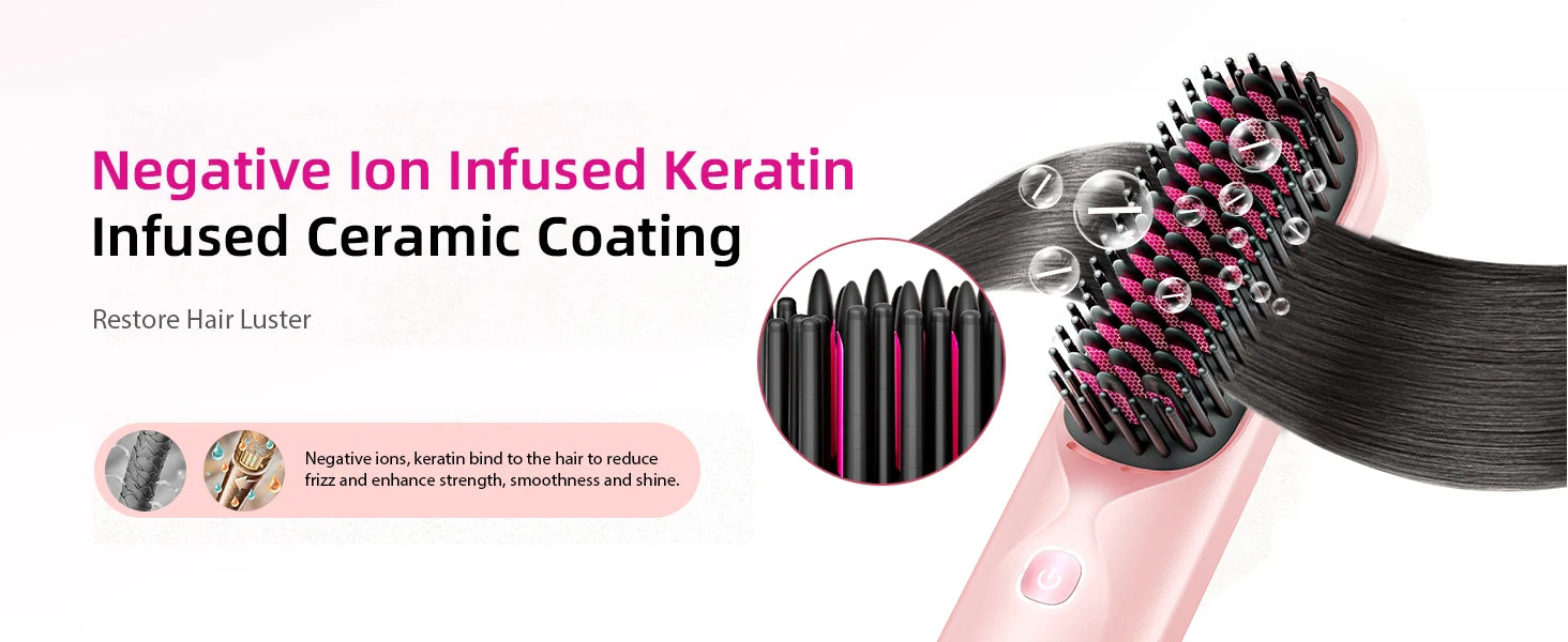Cordless Hair Straightener Brush 10,000mAh Portable 300M Negative Ions for Frizz-Free Shine Fast Heating, Gift for Women