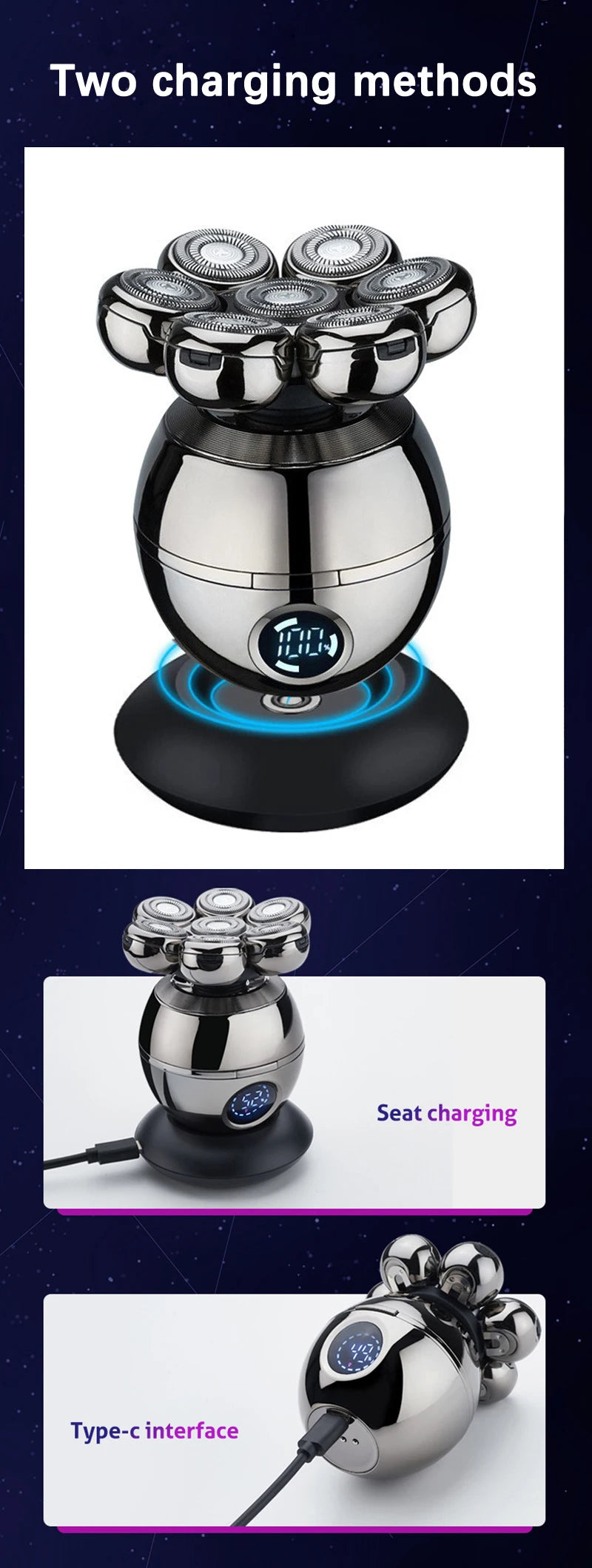 Electric Shaver 7D Floating Cutter Head Base Charging Portable Men Beard Trimmer Clipper Rechargeable Bald Head Electric Razor