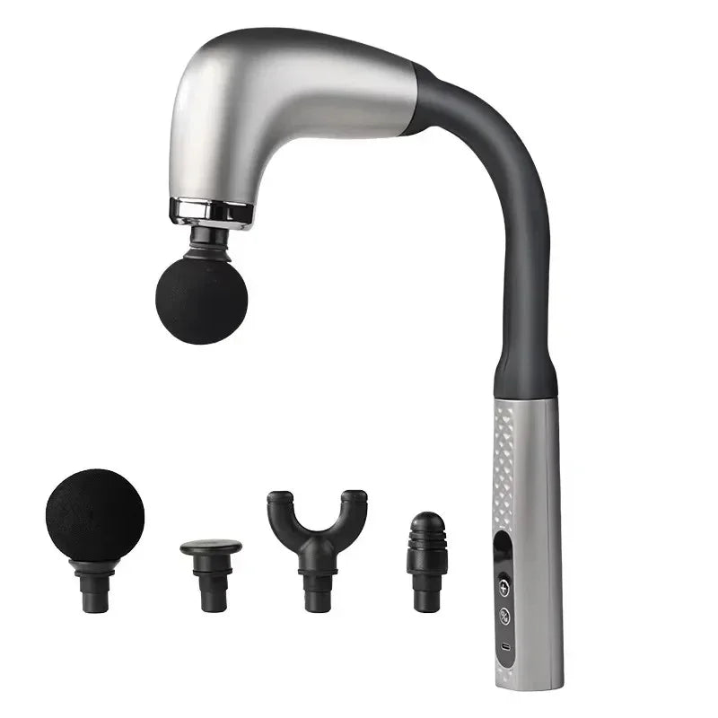 Rechargeable Fascia Gun with Bent Long Handle High-frequency Vibration Massage Gun Muscle Relaxation Back Neck Massager Tool