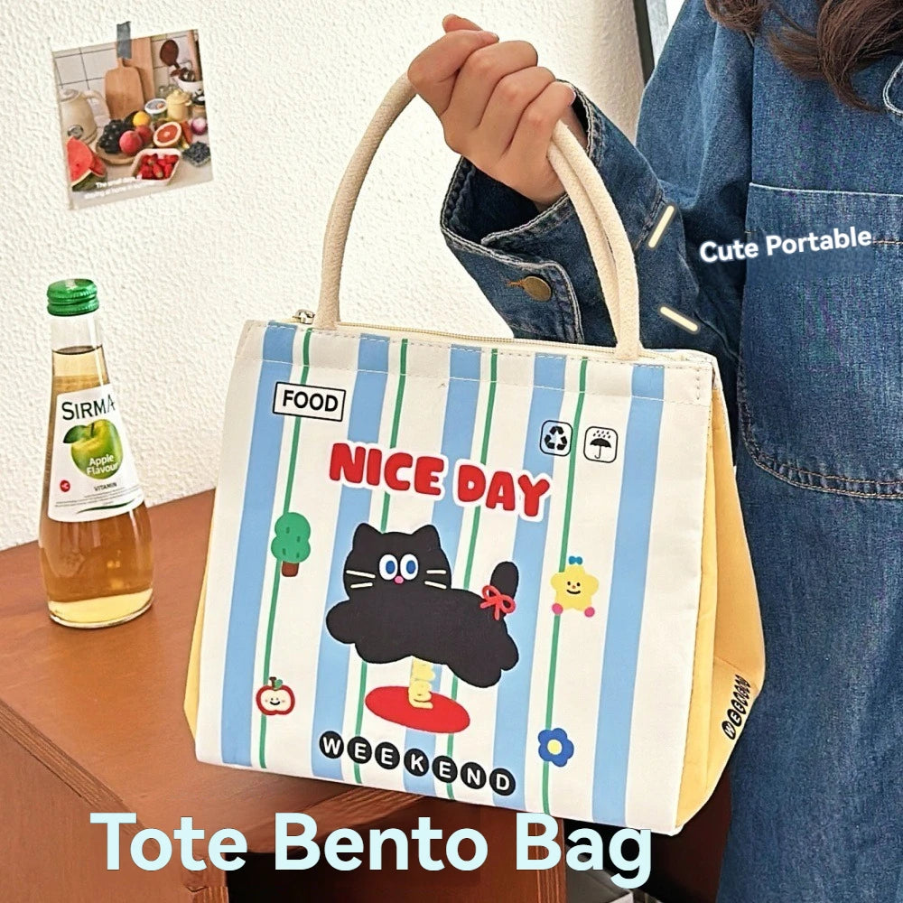 Cute Kitten Lunch Box Bag Student Hand-Held Aluminum Foil Insulated Lunch Box Bag Large Capacity Lunch Box Bag