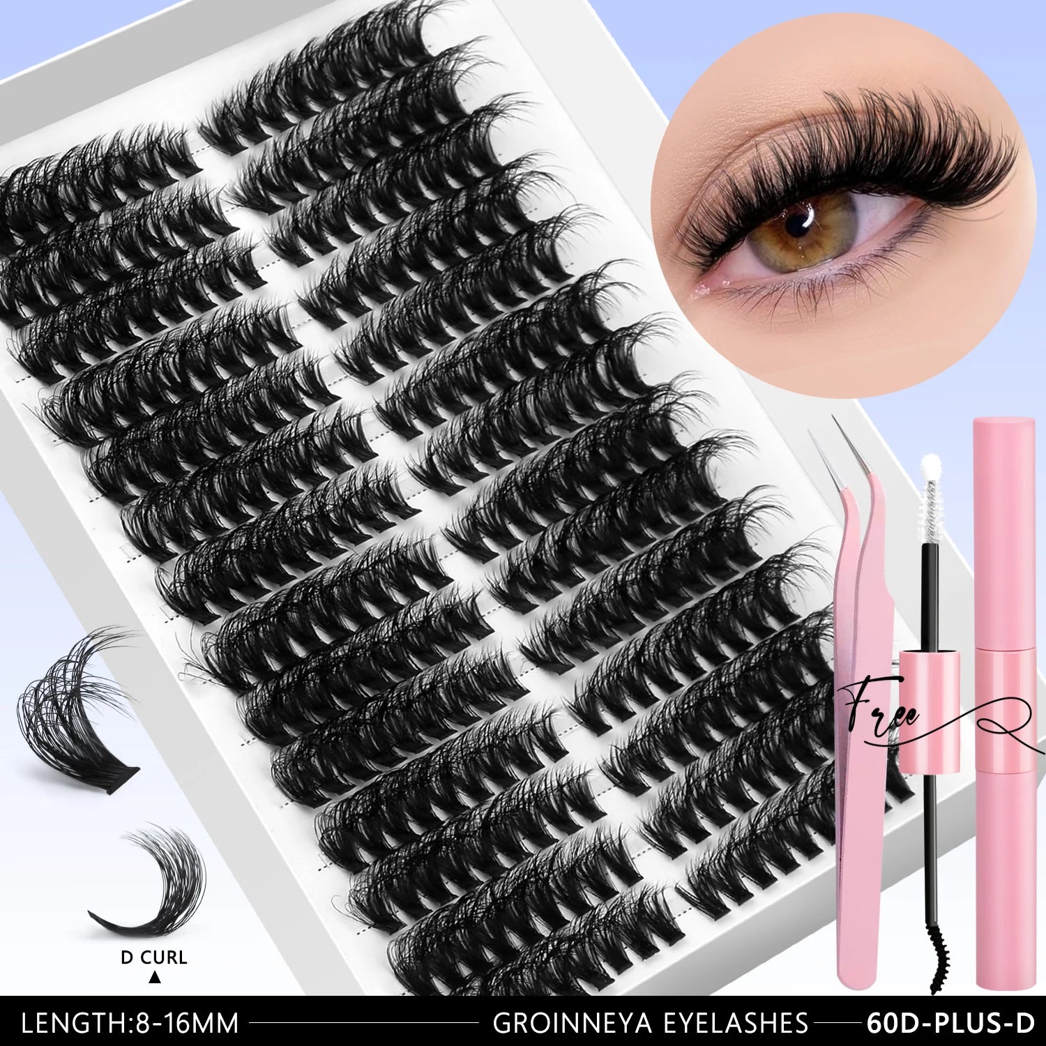 GROINNEYA DIY Eyelashes Lashes Clusters Kit Mix Wispy Individual Lashes Extensions Clusters Lashes Lash Bond & Seal Makeup