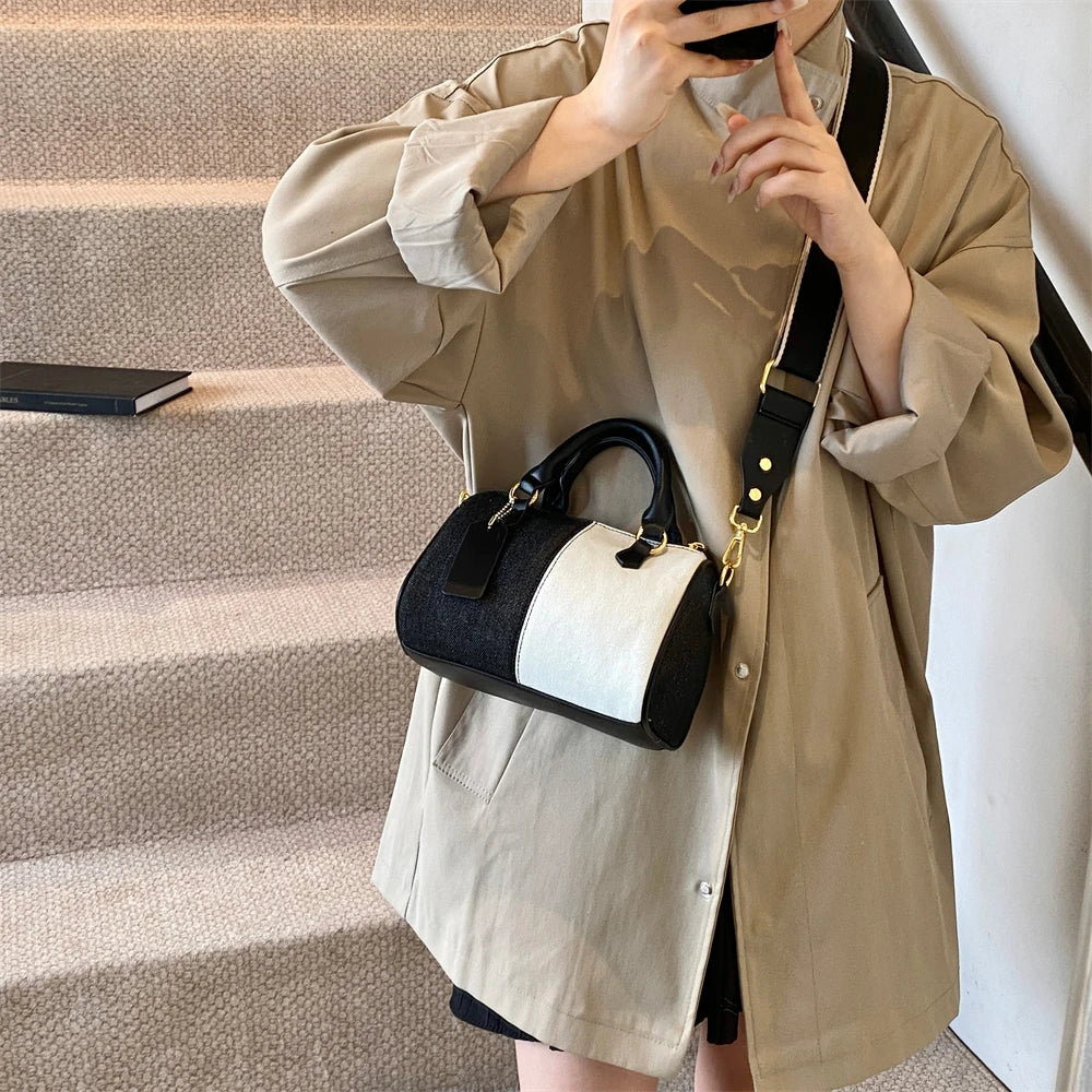 Patchwork Colorblock Mini Handbags For Women Denim Shoulder Cross Body Bags Casual Street Small Boston Bag 2024 Designer Purses