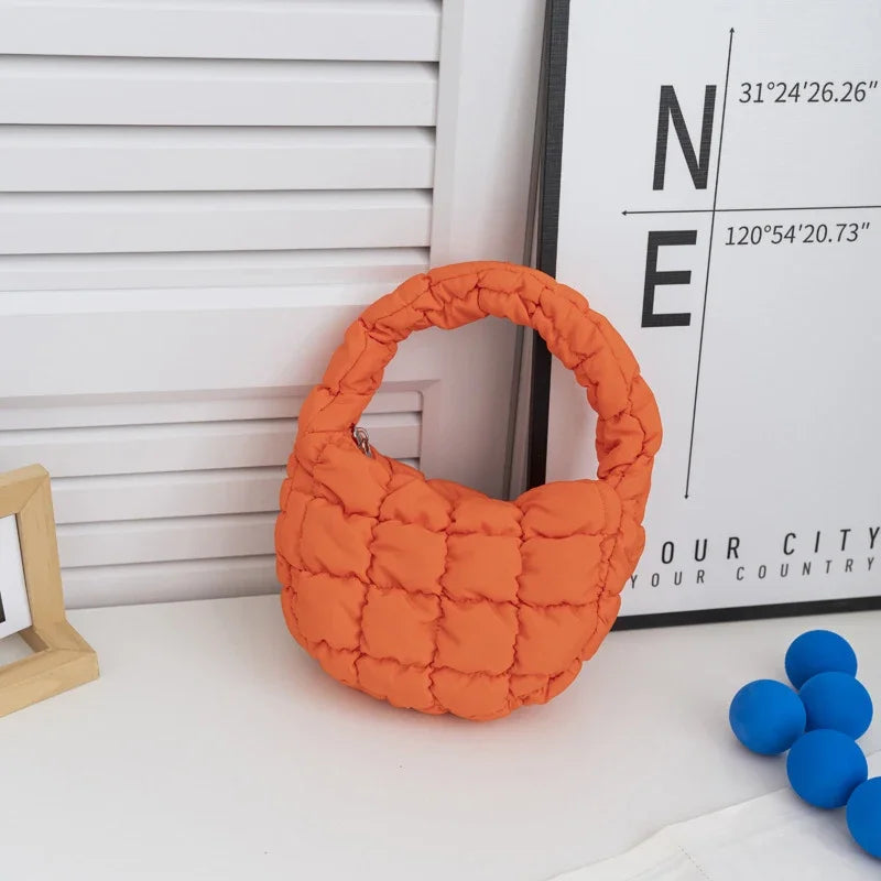 Candy bag Fashion Mini Puffer Tote Bag Quilted Circle Phone Purse  Elegant  Soft Nylon Padded Key Pouch Simple Trend Handbag