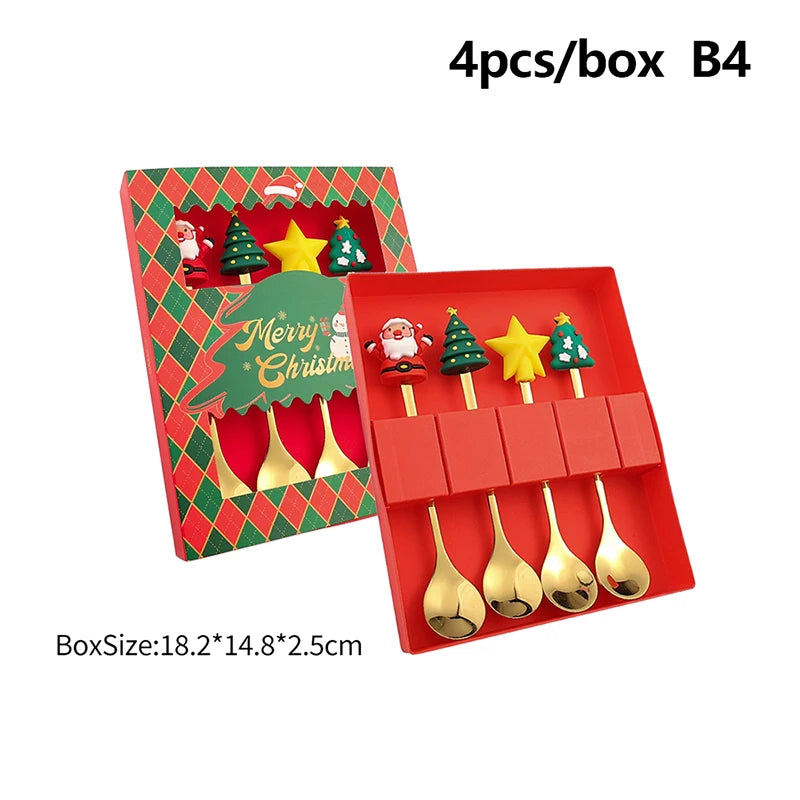 2/4/6Pcs Christmas Fork And Spoon Set,Stainless Steel Creative Tableware,Coffee Tea Dessert Forks And Spoons Gift Set