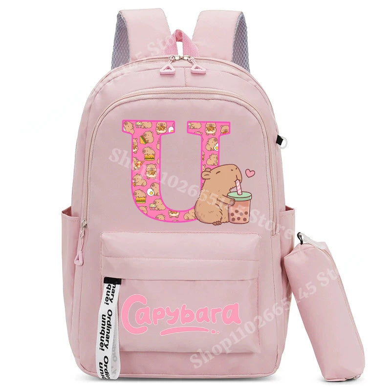 Cute Capibara Kids Backpack with Pencil Case Capybara Kawaii Girls School Bag Stationery Pouch Children Letter A-Z Rucksack Gift