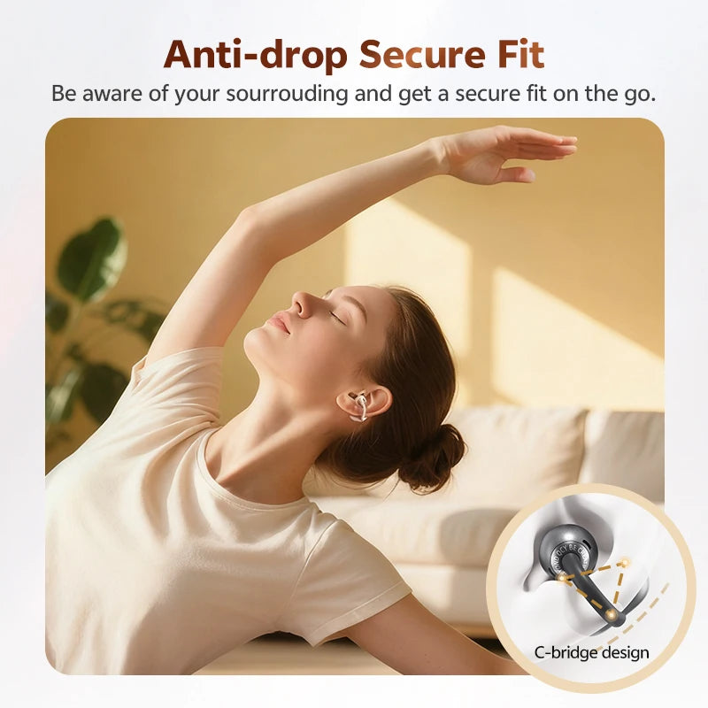 QCY Crossky C50 Open Ear Wireless Earbuds Bluetooth 6.0 Comfort Clip On Sports Earphone 4 Mic AI Clear Call Bass Boost Headphone