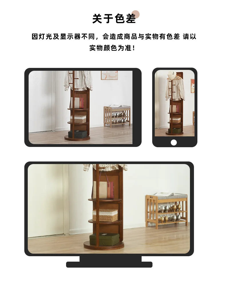 Solid Wood Full Body Floor Mirror for Home Bedroom Rotatable Movable Dressing Room Mirror with Clothes Hanger