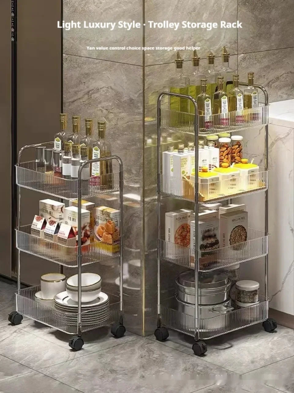 3 Layers Transparent Storage Rack Trolley Acrylic Rolling Cart with Hanging Basket Bathroom Acrylic Makeup Bookshelf organizer