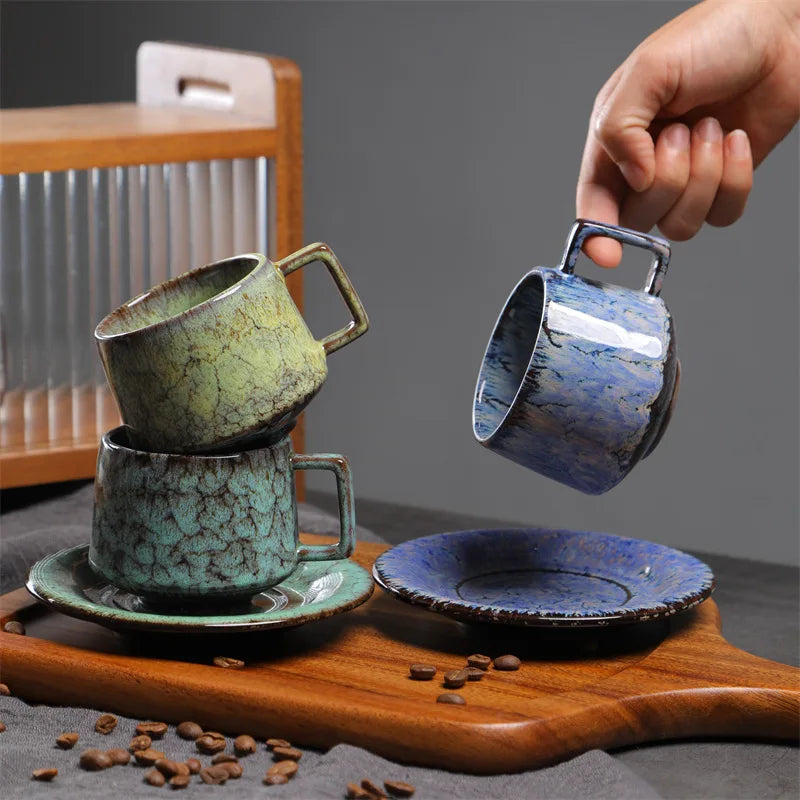 180ML Japanese Espresso Cup and Dish Kiln Transformed Ceramic Cup Retro Coarse Ceramic Mug Living Room Decoration