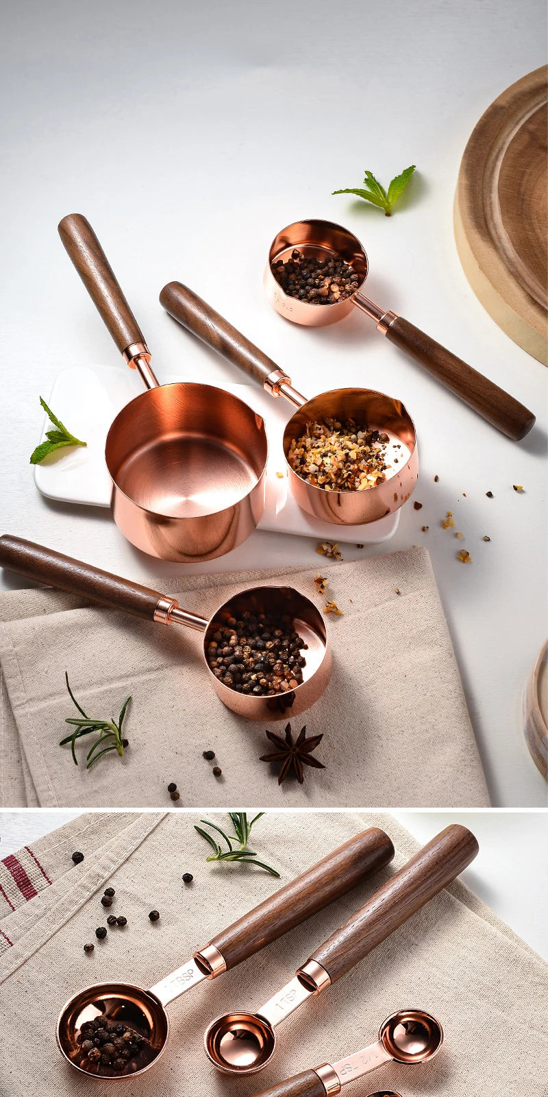 Measuring Spoon Set Wooden Handle Stainless Steel Measuring Cups Spoons Baking Tools Coffee Bartending Scale Kitchen Accessories