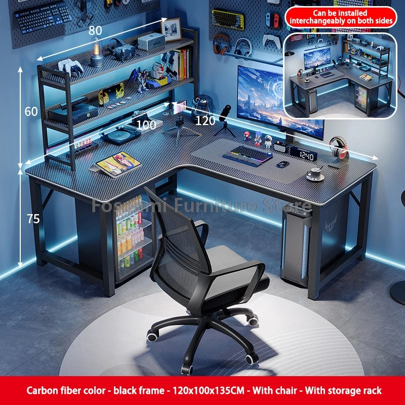 Modern L-Shaped Gaming Work Desk Chair Set Corner PC Table for Room Home Office Computer Desk and Chair Set Furniture with Shelf