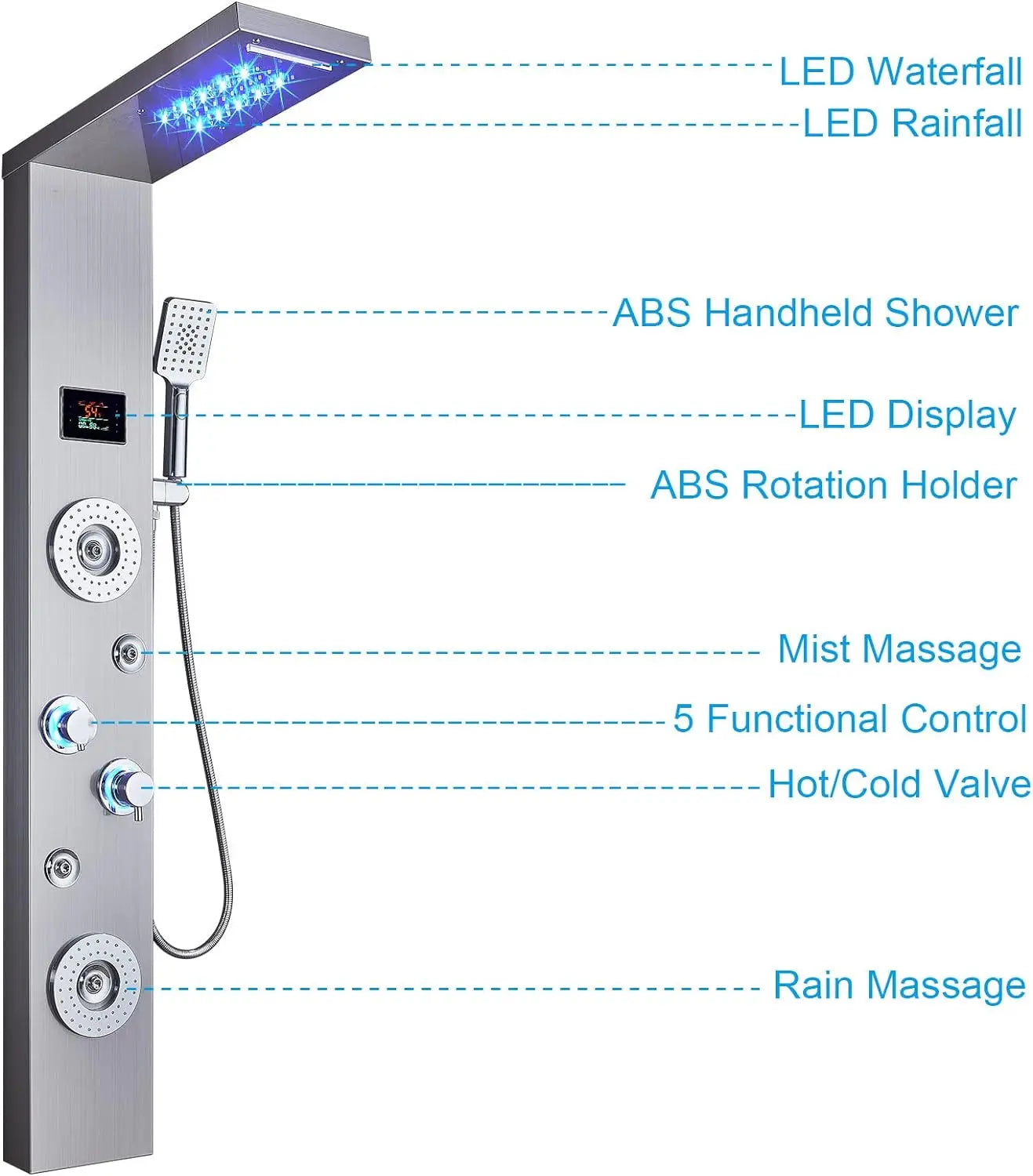 ZAPPO Rainfall Waterfall Massage System with Body Jets Bathroom Shower Panel Temperature Digital Display Shower Panel Shower Set