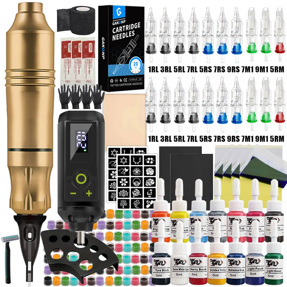 Professional Wireless Tattoo Machine Kit Rotary Tattoo Pen Kit with Wireless Power Supply Inks Needles for Tattoo Beginners Kits