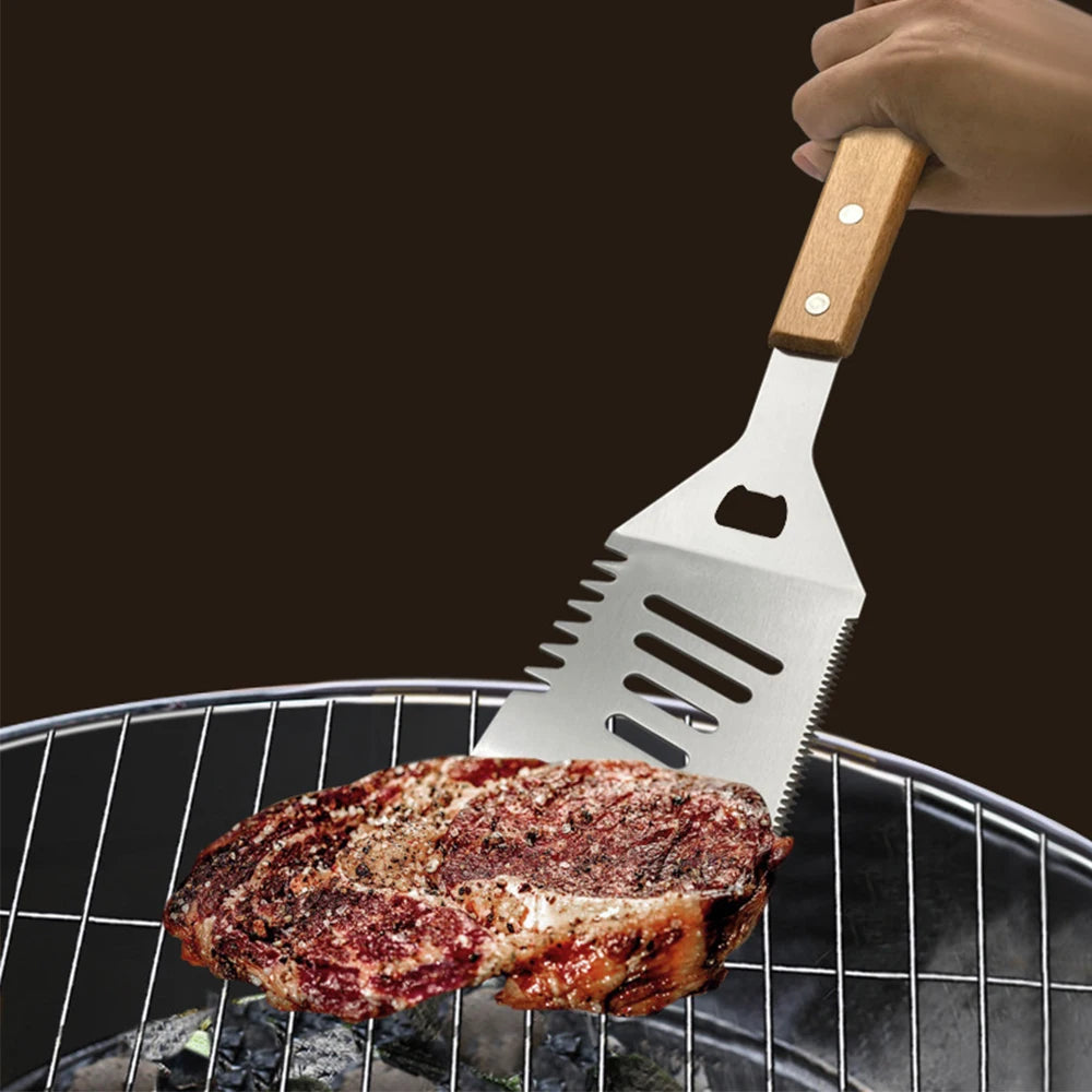 Outdoor camping barbecue tool combination wooden handle fork shovel clip BBQ accessories cloth bag stainless steel grill set