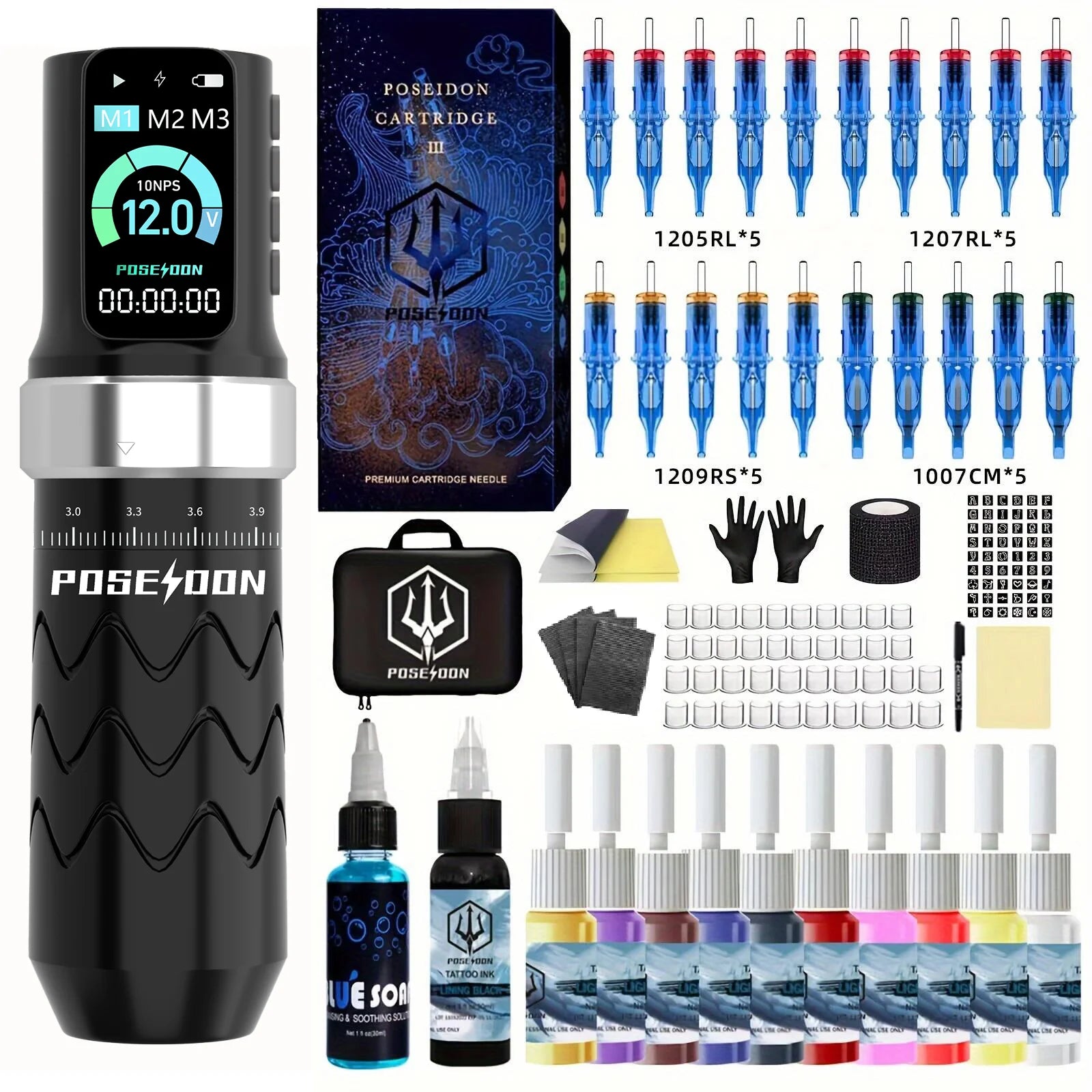 POSEIDON Tattoo Kit Technolog Tattoo Pen Kit For Permanent Makeup Tattoo Machine Kit Adjustable Tattoo Power Supply Tattoo Gun