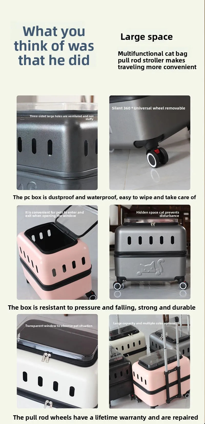 Large Pet Travel Carrier Rolling Pet Transport for Cats & Small Dogs Breathable Cat Suitcase Transparent Skylight Pet Stroller