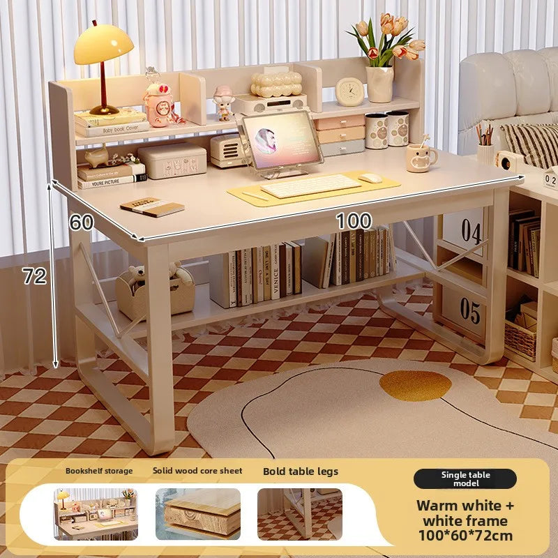 Solid Wood Computer Desk Household Desk Bookshelf Integrated Student Learning Desk Rental House Simple Office Table and Chair