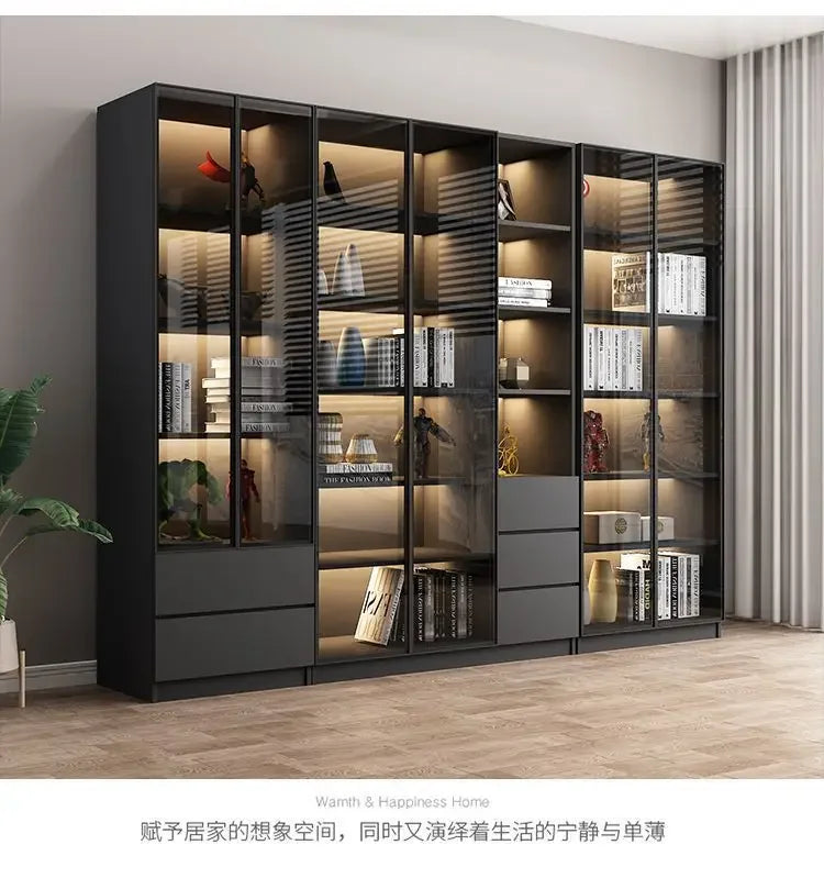 Modern Dust-Proof Bookcase with Glass Door Display Cabinet Modern Luxury Customized Home Living Room Integrated Bookshelf