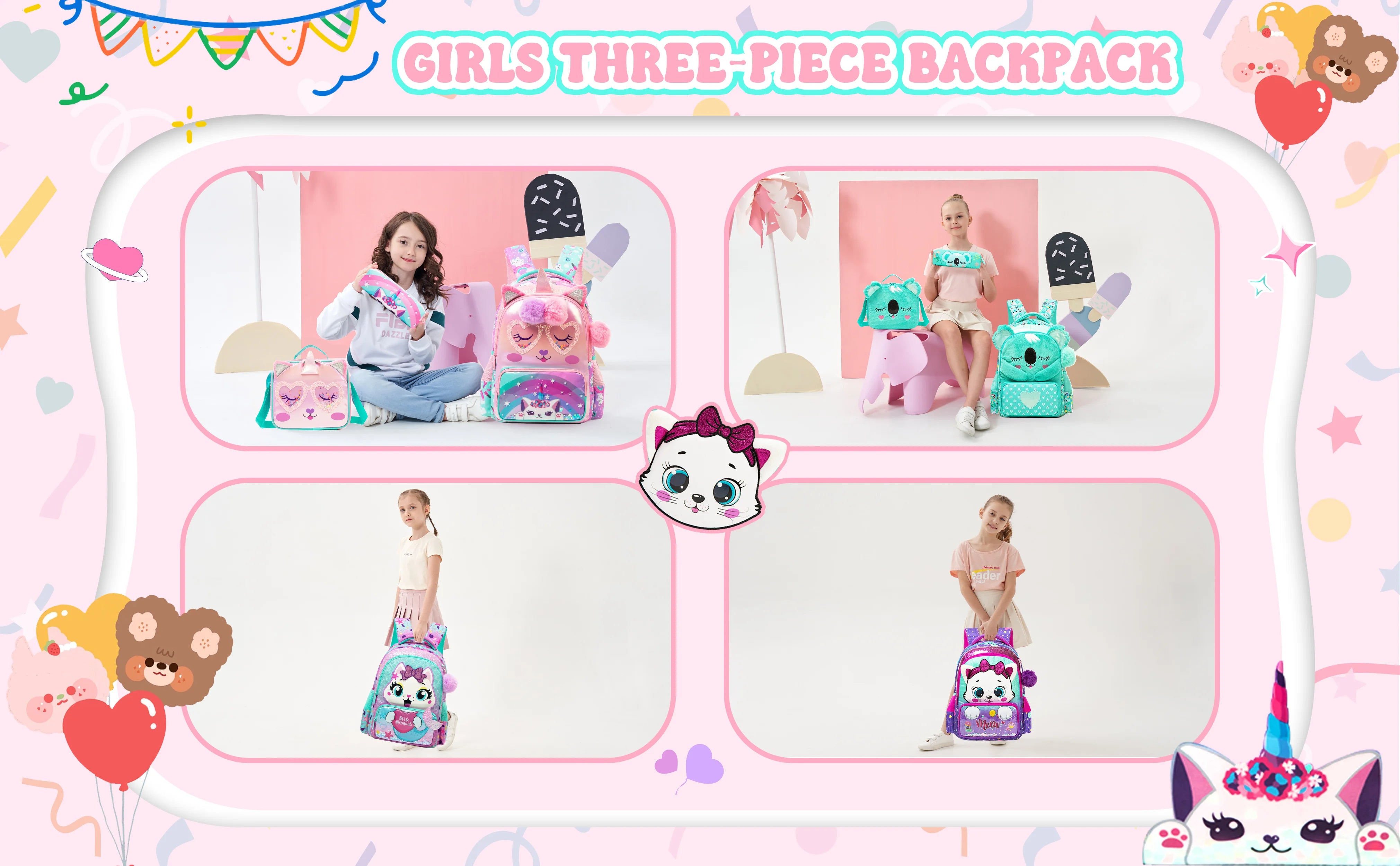 kids backpacks with Lunch Bag for girls 3pcs girls bookbag and Lunch Box Set for Elementary Middle School