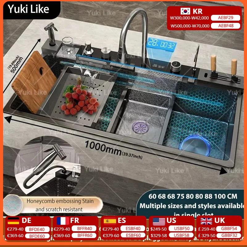 Stainless Steel Waterfall Kitchen Sink New Embossed Extra Large Single Slot Modern Digital Display Dishwashing Basin