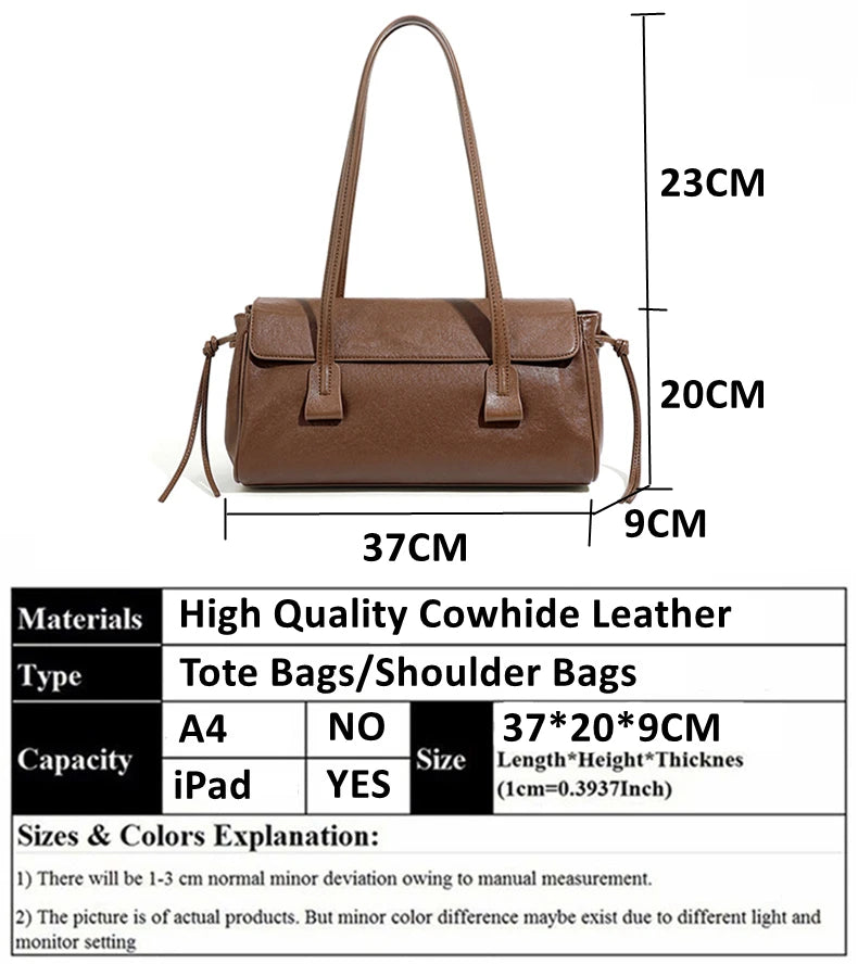 2025 New Genuine Leather Women's Shoulder Bag Large Capacity Cowhide Luxury Handbag Long Strip Black Baguette Bag Female