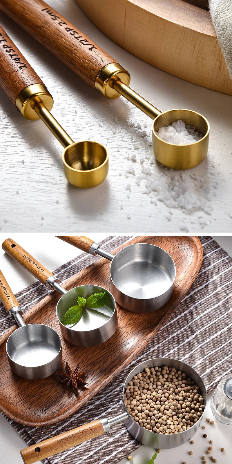 Measuring Spoon Set Wooden Handle Stainless Steel Measuring Cups Spoons Baking Tools Coffee Bartending Scale Kitchen Accessories