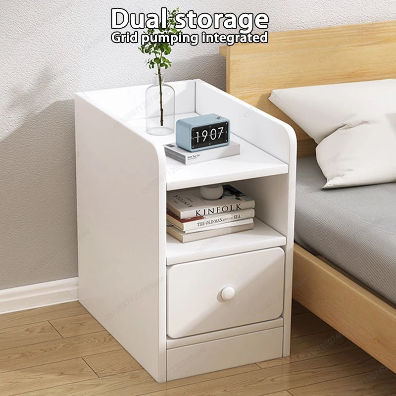 Minimalist Ultra Slim Nightstand Modern Narrow Bedside Table with Open Shelf and Drawers Space Saving Storage for Small Bedroom