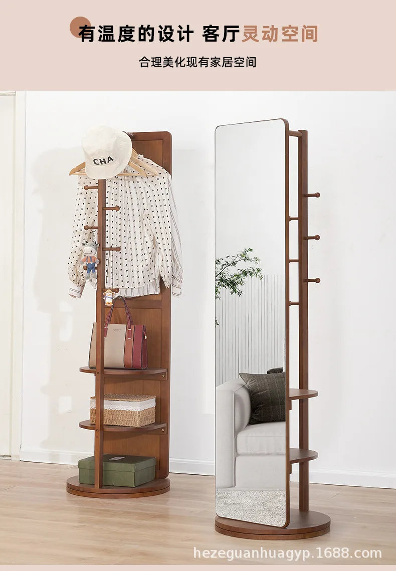 Solid Wood Full Body Floor Mirror for Home Bedroom Rotatable Movable Dressing Room Mirror with Clothes Hanger