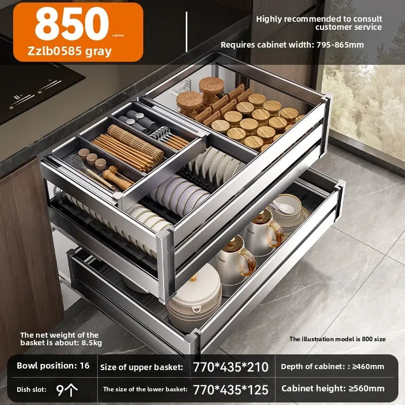 Kitchen Cabinets Dish Baskets Double Drawer Bowl Rack Seasoning Storage