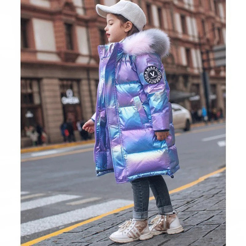 5-14 Years Old Winter Boys Girls Jacket Long Style Hooded Fur Collar Colorful Heavy Coat For Kids Children Outerwear