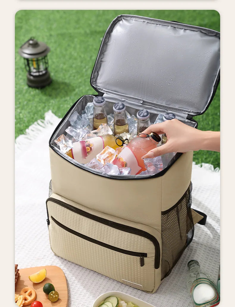 1pc Insulated Backpack Cooler Large Capacity Oxford Cloth Backpack Outdoor Travel Beer Bag Waterproof PEVA Lined Ice Bag